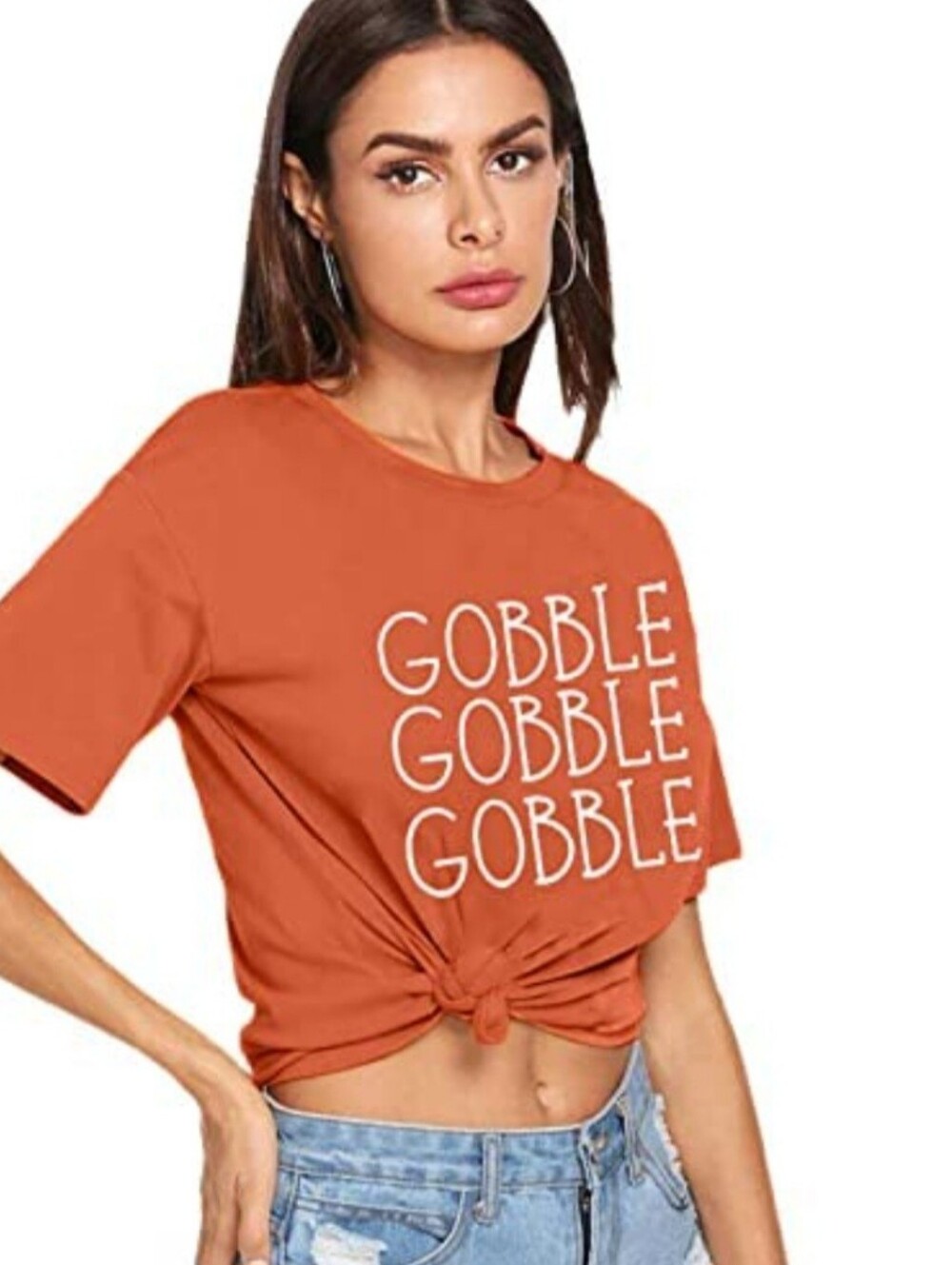 Women’s Orange 'Gobble Gobble' Graphic Knot Crop Top